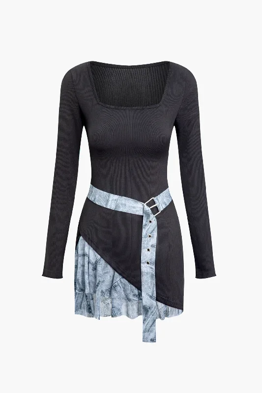 toddler mini dressesPatchwork Asymmetrical Ruched Belted Mini Dress