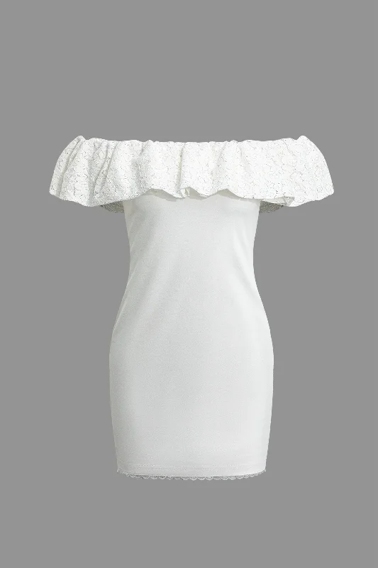 bridal party mini dressesLace Ruffle Neckline One Shoulder Mini Dress