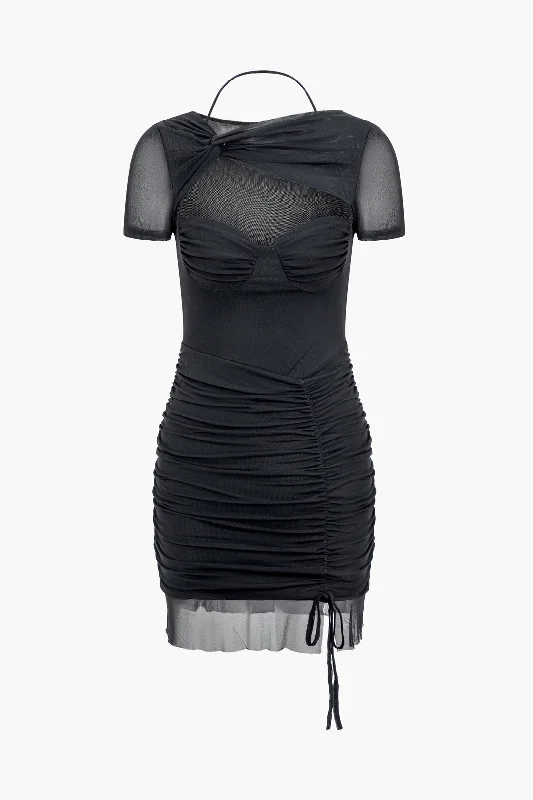 wedding guest mini dressesMesh Cut Out Twist Drawstring Ruched Tie Mini Dress