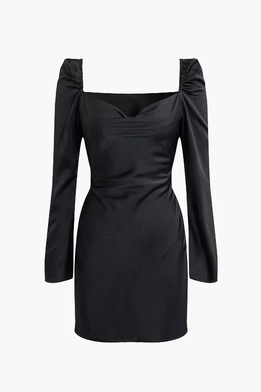 puff sleeve mini dressesSolid Cowl Neck Long Sleeve Mini Dress
