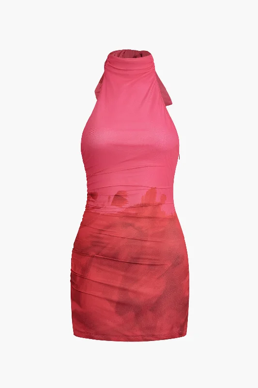 beach printed mini dressesTie Dye Halter Backless Ruched Mini Dress