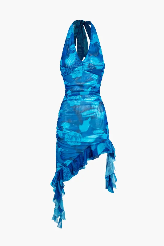 silk mini dressesTie Dye Mesh Ruched Halter Ruffle Backless Mini Dress