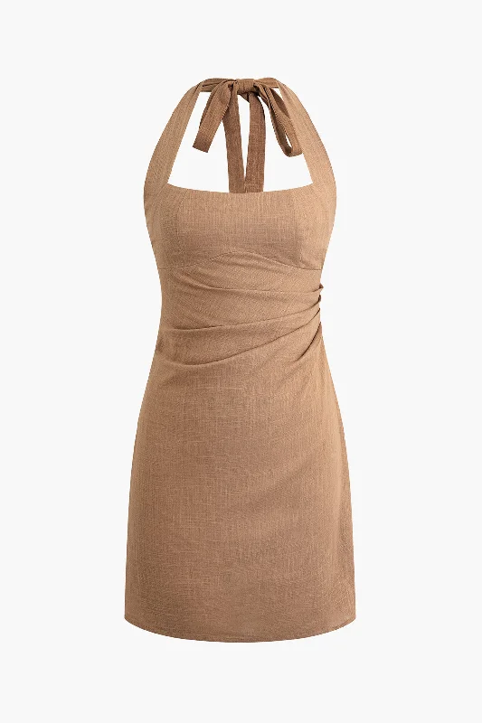 button down mini dressesLinen Halter Neck Ruched Mini Dress