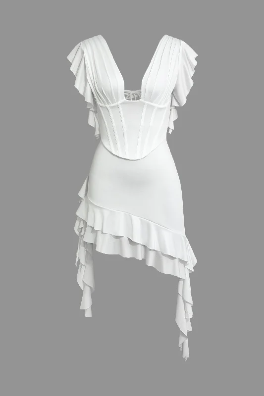 sexy bodycon mini dressesV-neck Corset Ruffle Lace Up Mini Dress