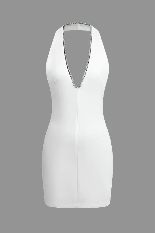 chiffon mini dressesSolid Backless Jewelry V-neck Halter Mini Dress
