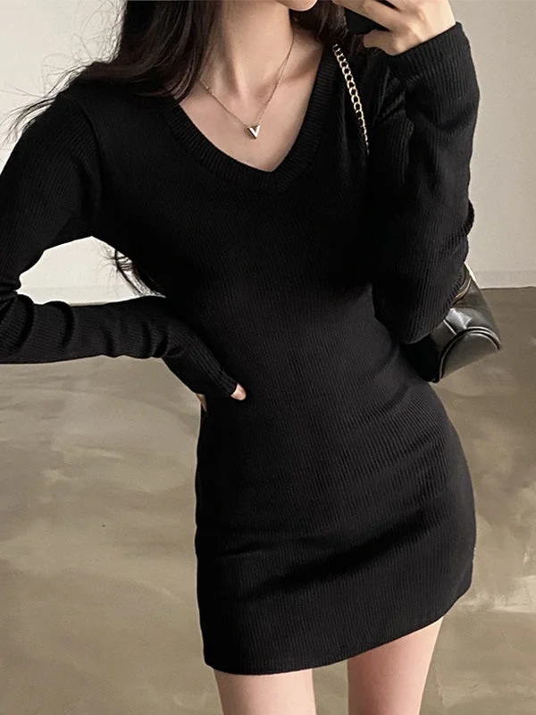 retro 80s mini dressesKnitted Black Long Sleeve Mini Dress