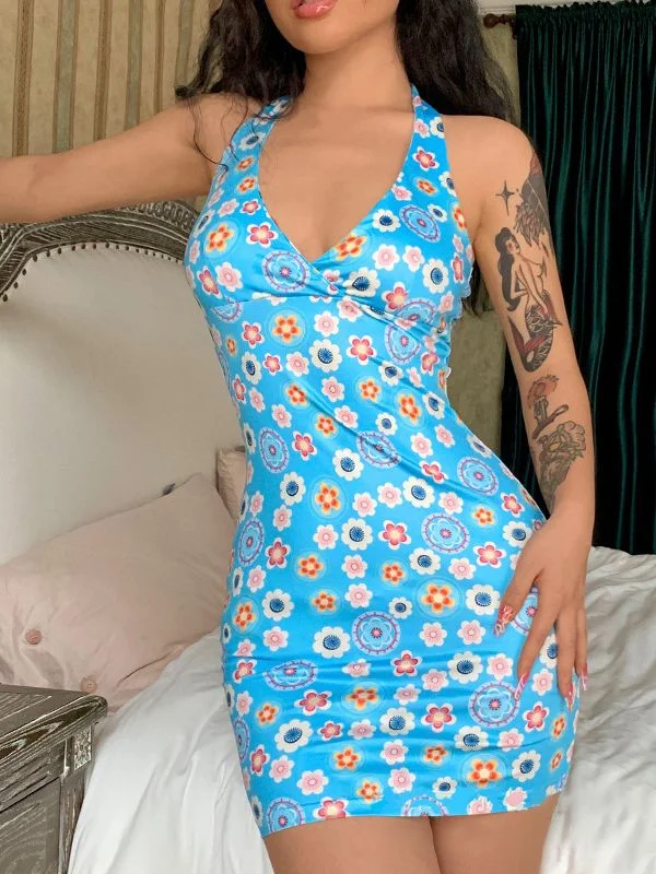 peasant style mini dressesHalter Floral Print Bodycon Mini Dress