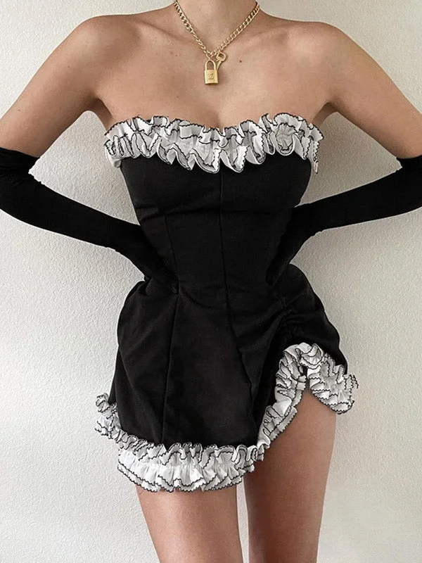asymmetrical mini dressesGloves Detail Strapless Black Mini Dress