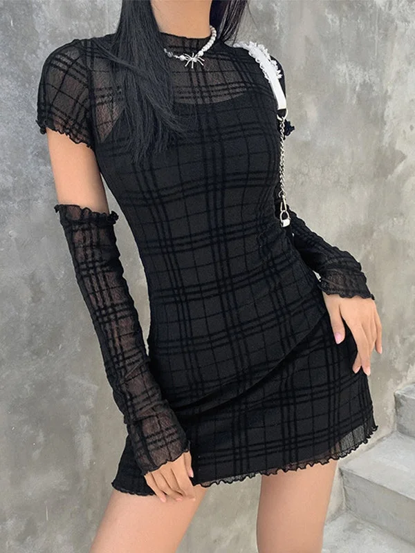 minimalist mini dressesGloves Design Checkered Mini Dress Set