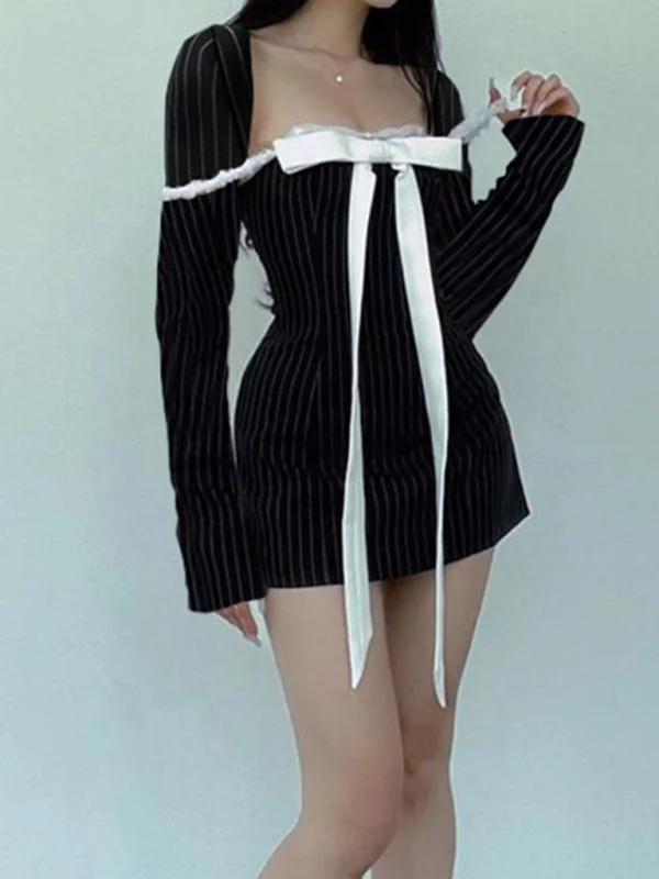 patriotic mini dressesNew style French square neck bow tie temperament striped long-sleeved Sexy Mini dress