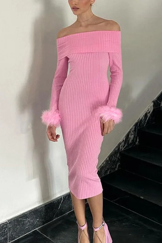 convertible mini dressesOff-shoulder Fuzzy Cuff Ribbed Knit Dress