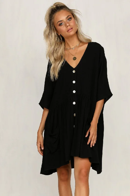 clubbing mini dressesPalmer Pocketed Button Down Babydoll Dress - Black