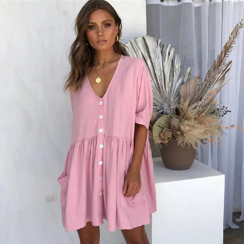 Valentine's Day mini dressesPalmer Pocketed Button Down Babydoll Dress - Pink