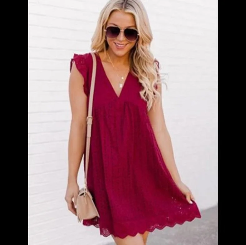 pink mini dressesPam Cotton Pocketed Tiered Eyelet Dress - Red