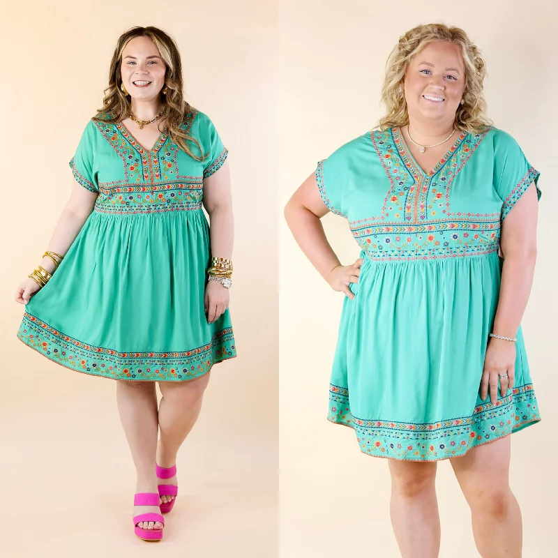 punk mini dressesPassing Through V Neck Embroidered Dress with Short Sleeves in Mint Green