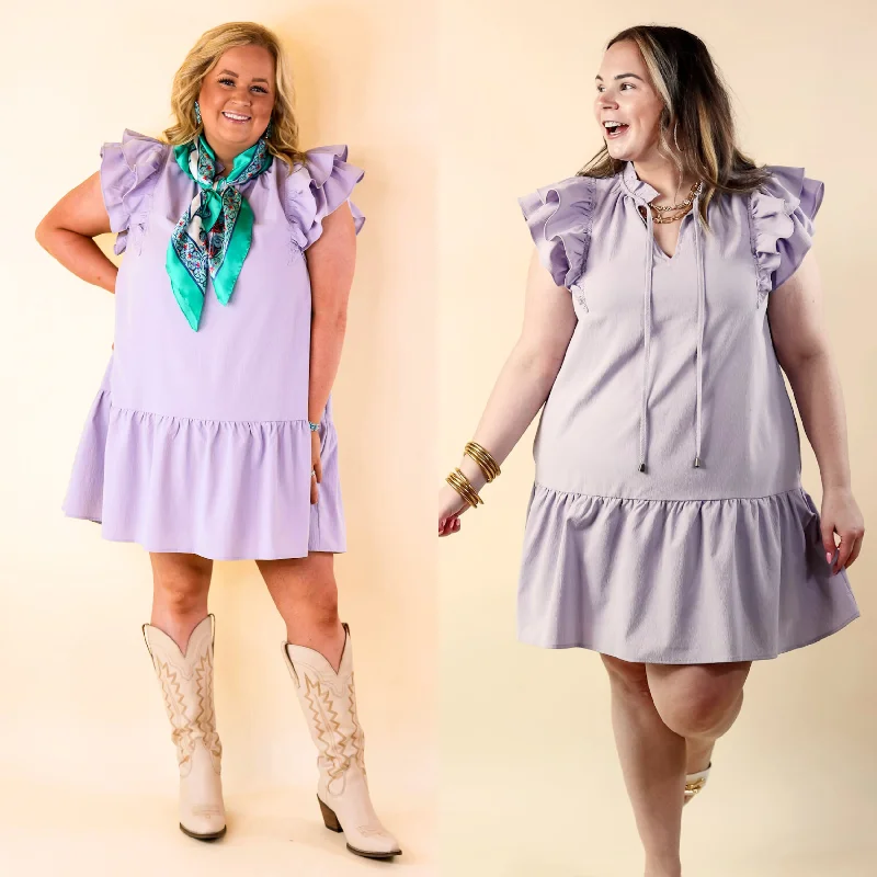 denim mini dressesPowerful Love Ruffle Cap Sleeve Dress with Keyhole and Tie Neckline in Lavender Purple denim mini dressesPowerful Love Ruffle Cap Sleeve Dress with Keyhole and Tie Neckline in Lavender Purple