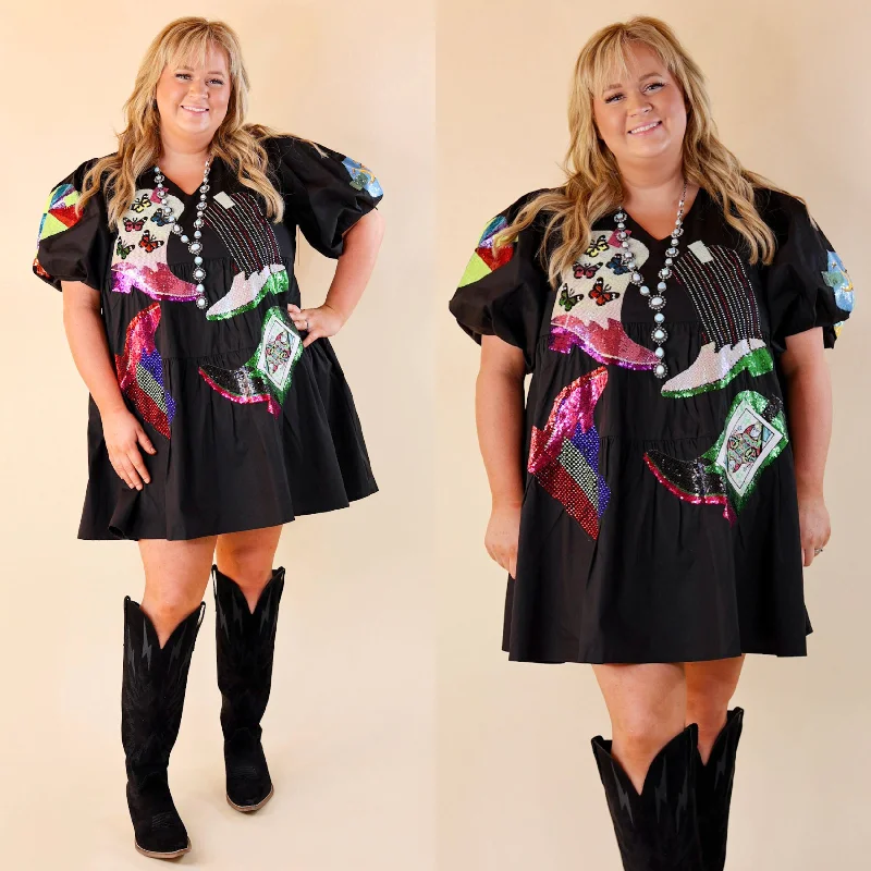 short sleeve mini dressesQueen Of Sparkles | Boot Scootin' Sequin Boot Icon Short Balloon Sleeve Dress in Black