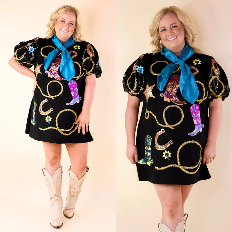 Valentine's Day mini dressesQueen Of Sparkles | Wild West Wanderer Sequin Icon Poof Sleeve Dress in Black Valentine's Day mini dressesQueen Of Sparkles | Wild West Wanderer Sequin Icon Poof Sleeve Dress in Black