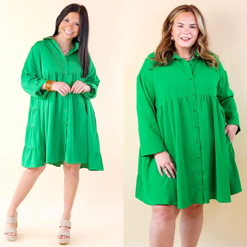 solid color mini dressesRisky Business Button Up Babydoll Dress in Green