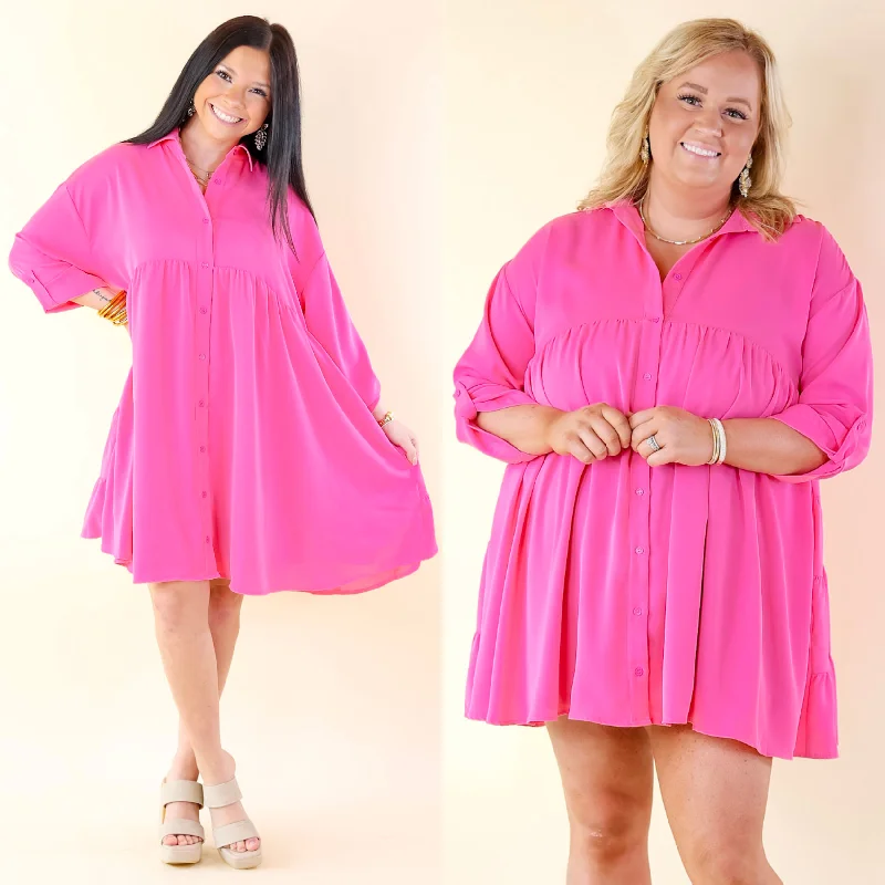 preppy mini dressesRisky Business Button Up Babydoll Dress in Pink