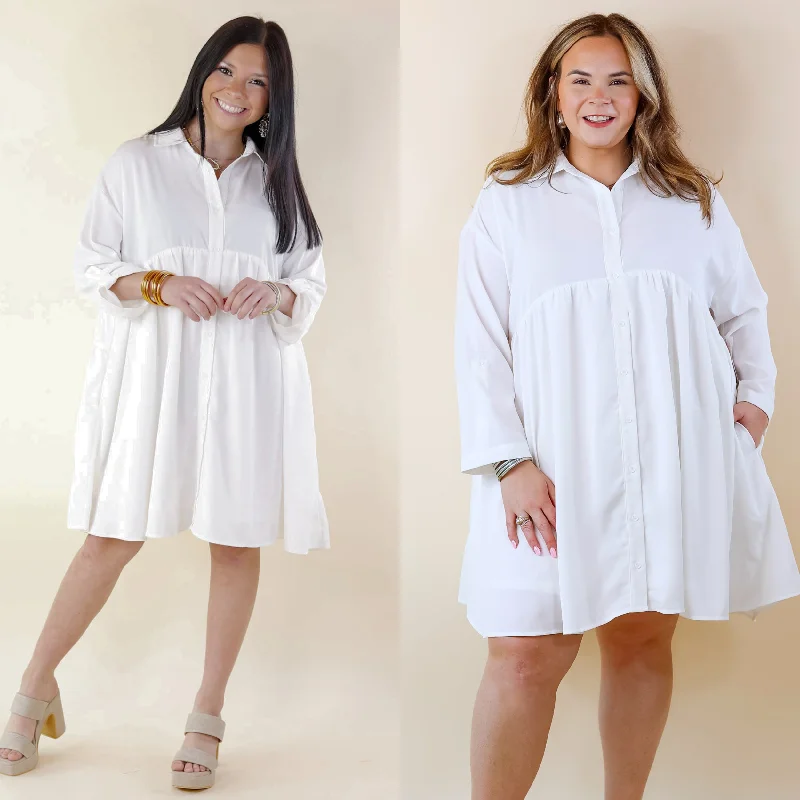 belted mini dressesRisky Business Button Up Babydoll Dress in White