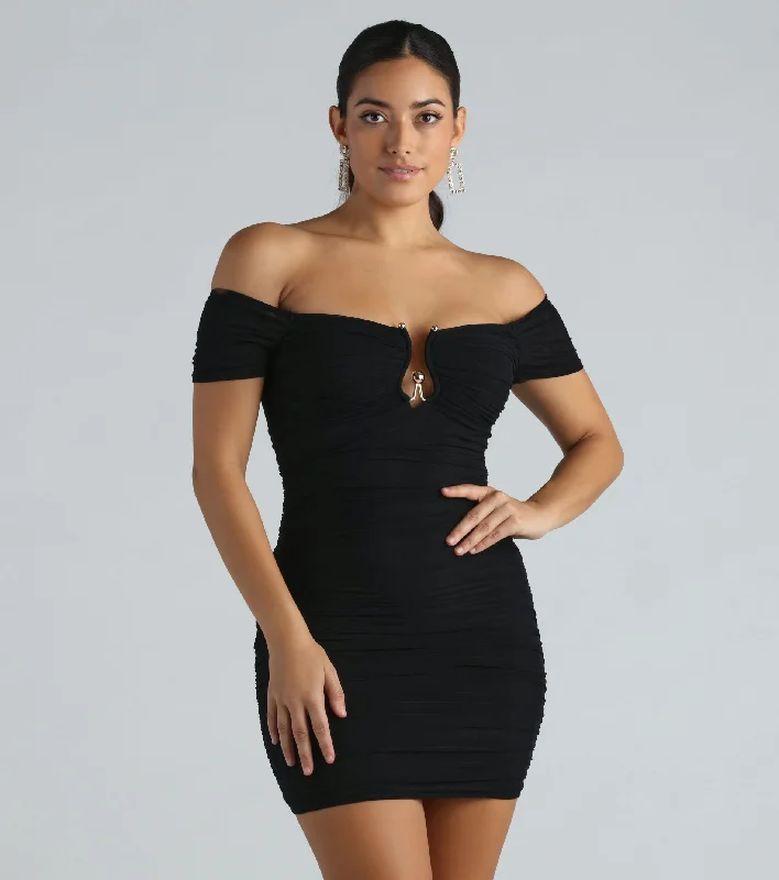 bishop sleeve mini dressesShow Off Mesh Off-The-Shoulder Mini Dress