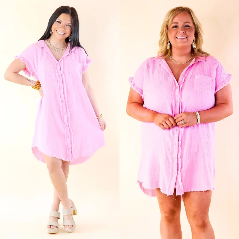 bridesmaid mini dressesSpring Glow Button Up Raw Hem Dress in Pink