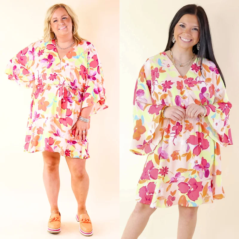 holiday themed mini dressesSuper Chic Floral Ruffle Sleeve V Neck Dress with Waist Tie in Blush Pink holiday themed mini dressesSuper Chic Floral Ruffle Sleeve V Neck Dress with Waist Tie in Blush Pink