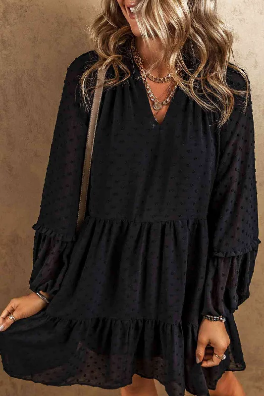 bridal party mini dressesSwiss Dot V-Neck Ruffle Trim Mini Tiered Long Sleeve Dress bridal party mini dressesSwiss Dot V-Neck Ruffle Trim Mini Tiered Long Sleeve Dress