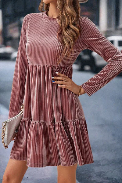 layered mini dressesVelvet Ribbed Round Neck Ruffle Hem Casual Long Sleeve Mini Dress layered mini dressesVelvet Ribbed Round Neck Ruffle Hem Casual Long Sleeve Mini Dress