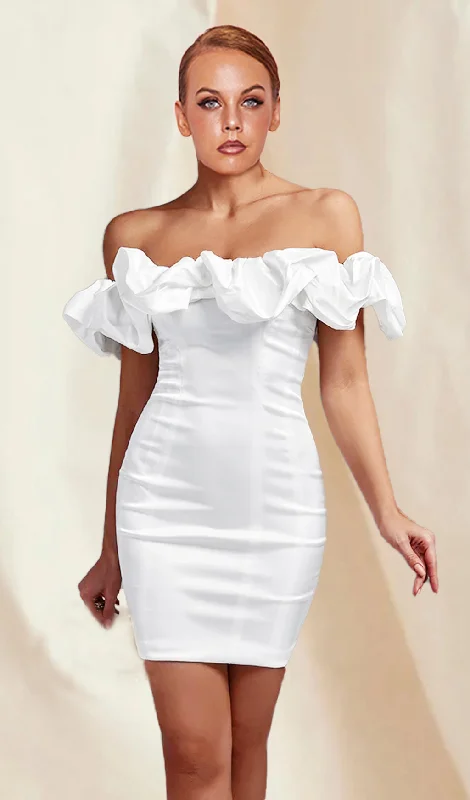 polyester mini dressesWHITE OFF SHOULDER FRILL MINI BODYCON DRESS