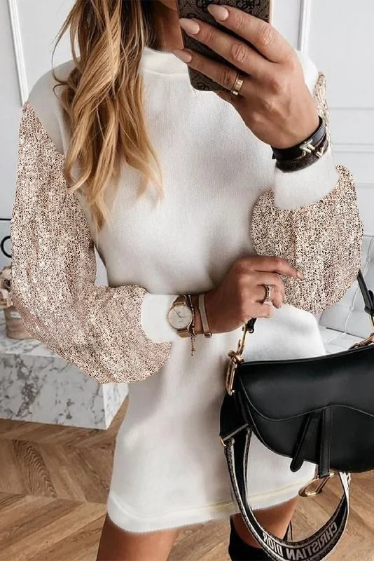 formal lace mini dressesWhite Sequin Puff Sleeve Shift Mini Long Sleeve Sweater Dress formal lace mini dressesWhite Sequin Puff Sleeve Shift Mini Long Sleeve Sweater Dress