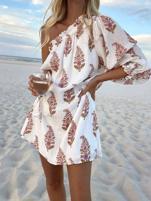 minimalist mini dressesWomen's new slanted shoulder casual lantern sleeve dress